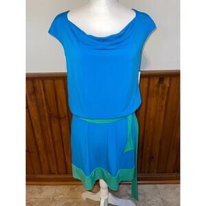 NWT Womens Laundry By Design Blue Green Short Sleeve Scoop Neck Tie Dress‎ S